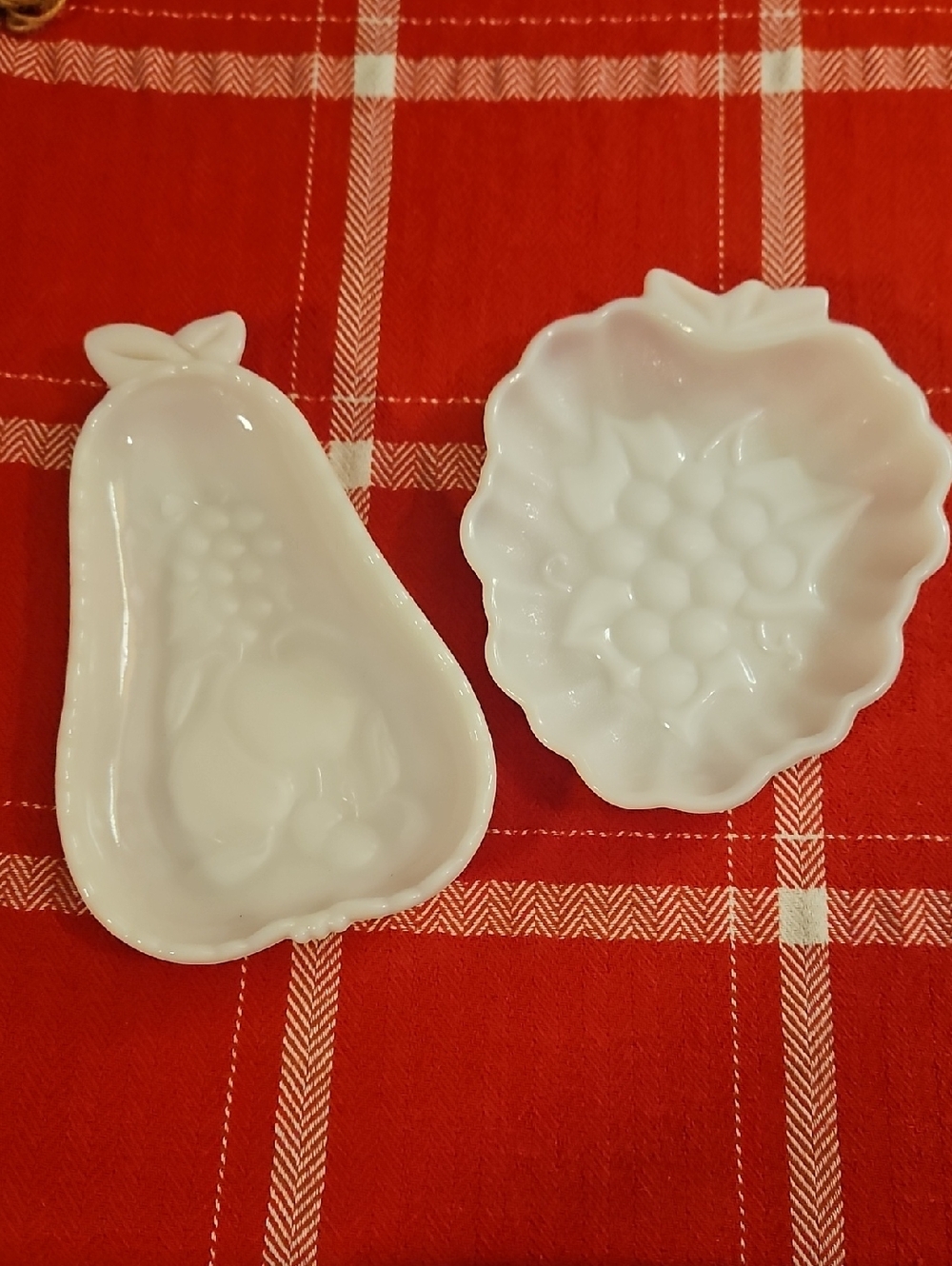 Hazel Atlas White Milk Glass Fruit-Shaped Dishes - Pear and Grapes